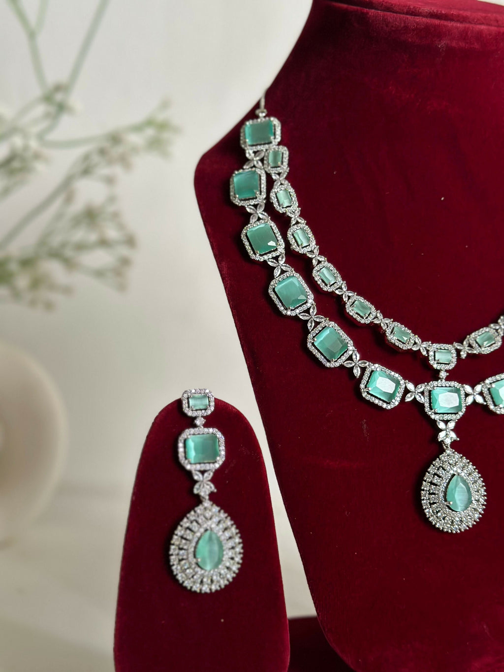 Mint Green American Diamond Two Layer Elegent Necklace Set With Earrings By House of Ree - Swadesiicart