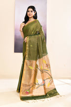 Piyari Fashion Women's Moss Green Embellished Tissue Jamdani Saree | Grocsy