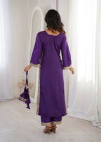 Teeya Creation Womens New Trending Purple Color Natural Crepe With Real Mirror Lace Work Kurta Set | Grocsy