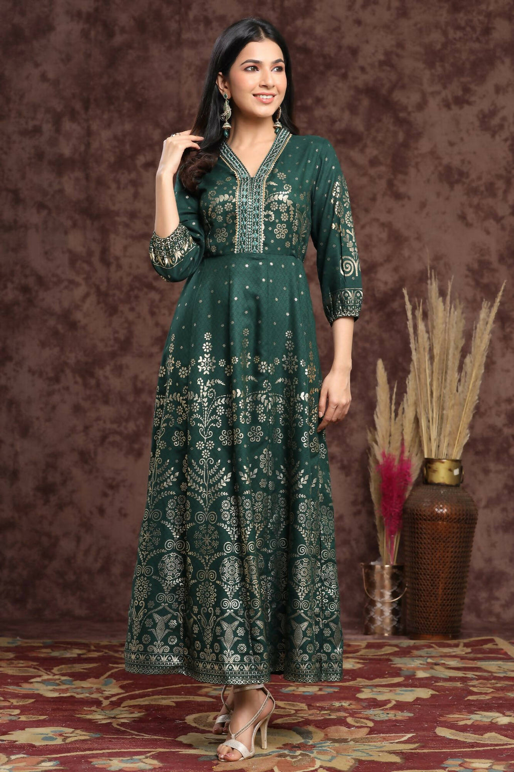 Juniper Women Jadegreen Rayon Printed Anarkali Dress | Grocsy