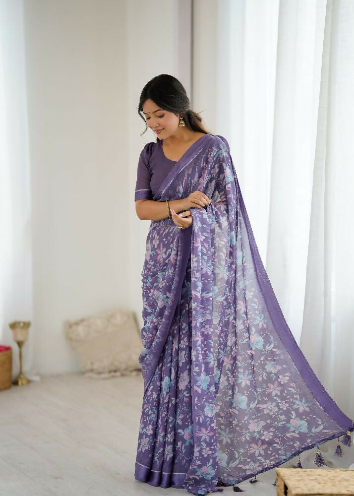 PR Fashion Lavender Bright Moss Satin Patta Printed Saree | Grocsy
