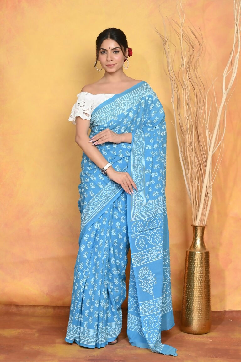 Very Much Indian Handblock Printed Cotton Saree With Natural Dyes - Sky Blue | Grocsy