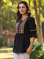 Juniper Women's Black Cotton Solid With Embroidered Straight Tunic | Grocsy