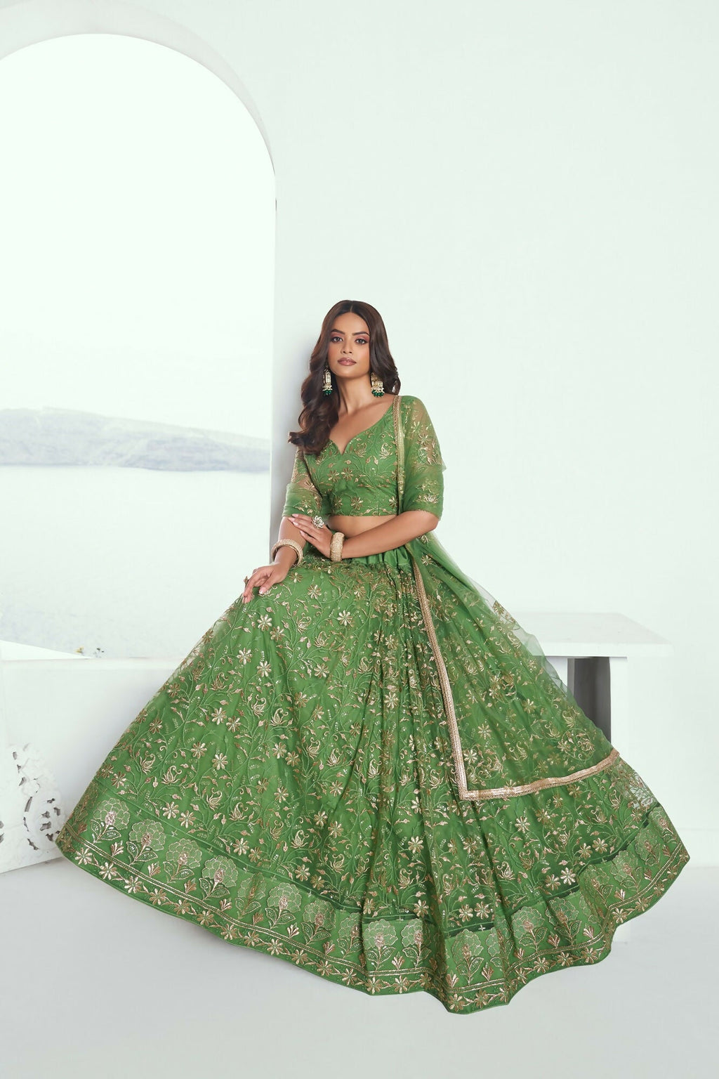 Eilara Elegance Pista Green Net With Embroidered And Thread Zari Sequence Function Wear Lehenga Choli | Grocsy