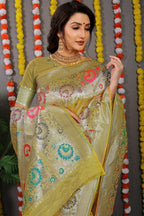 Jyoti Fashion Women's Mehndi Banarasi Silk Zari Woven Saree with Blouse | Grocsy