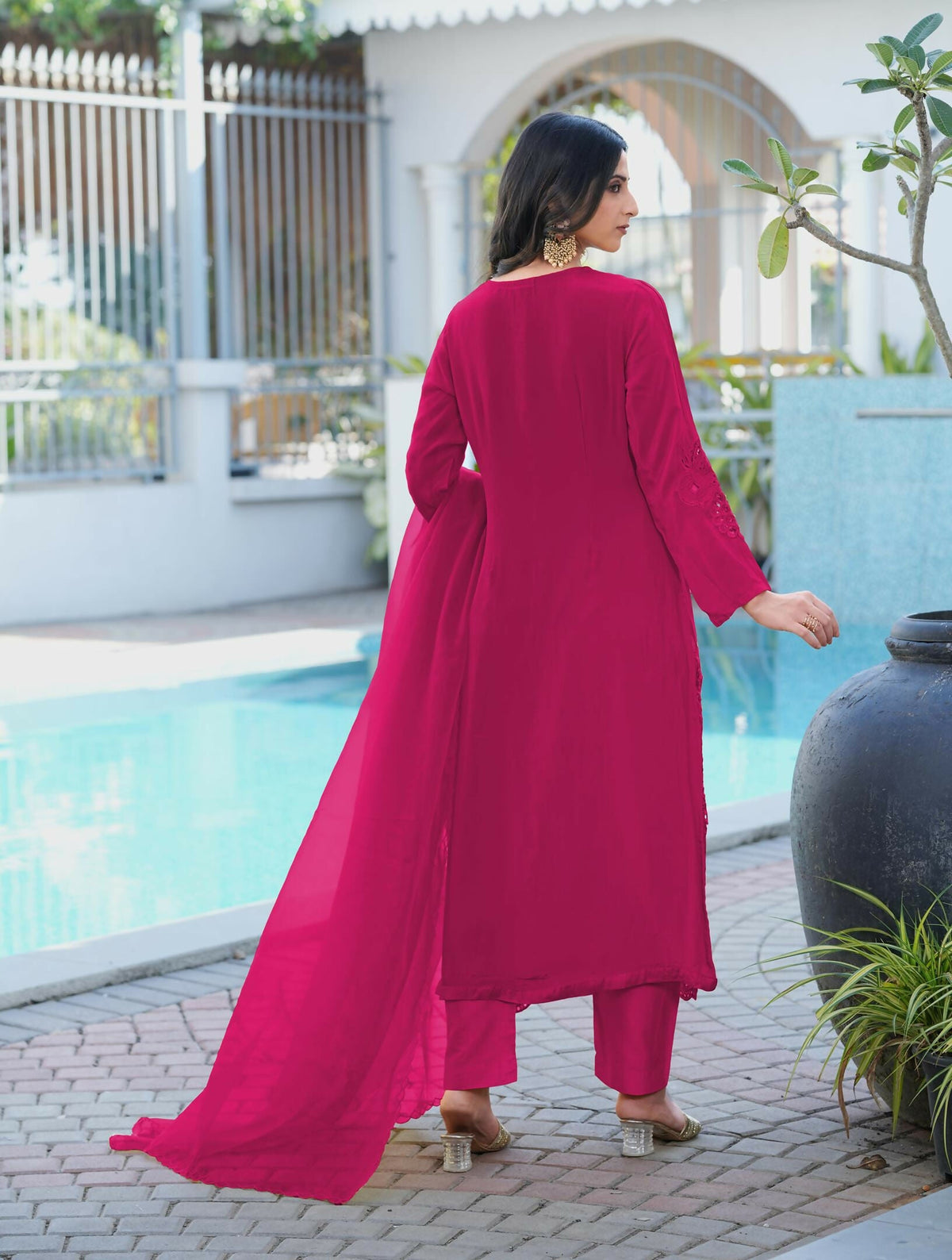 Nikhaar Magenta Embroidered Art Silk Stitched Straight Cut Kurta Pants Dupatta Readymade Suit | Grocsy