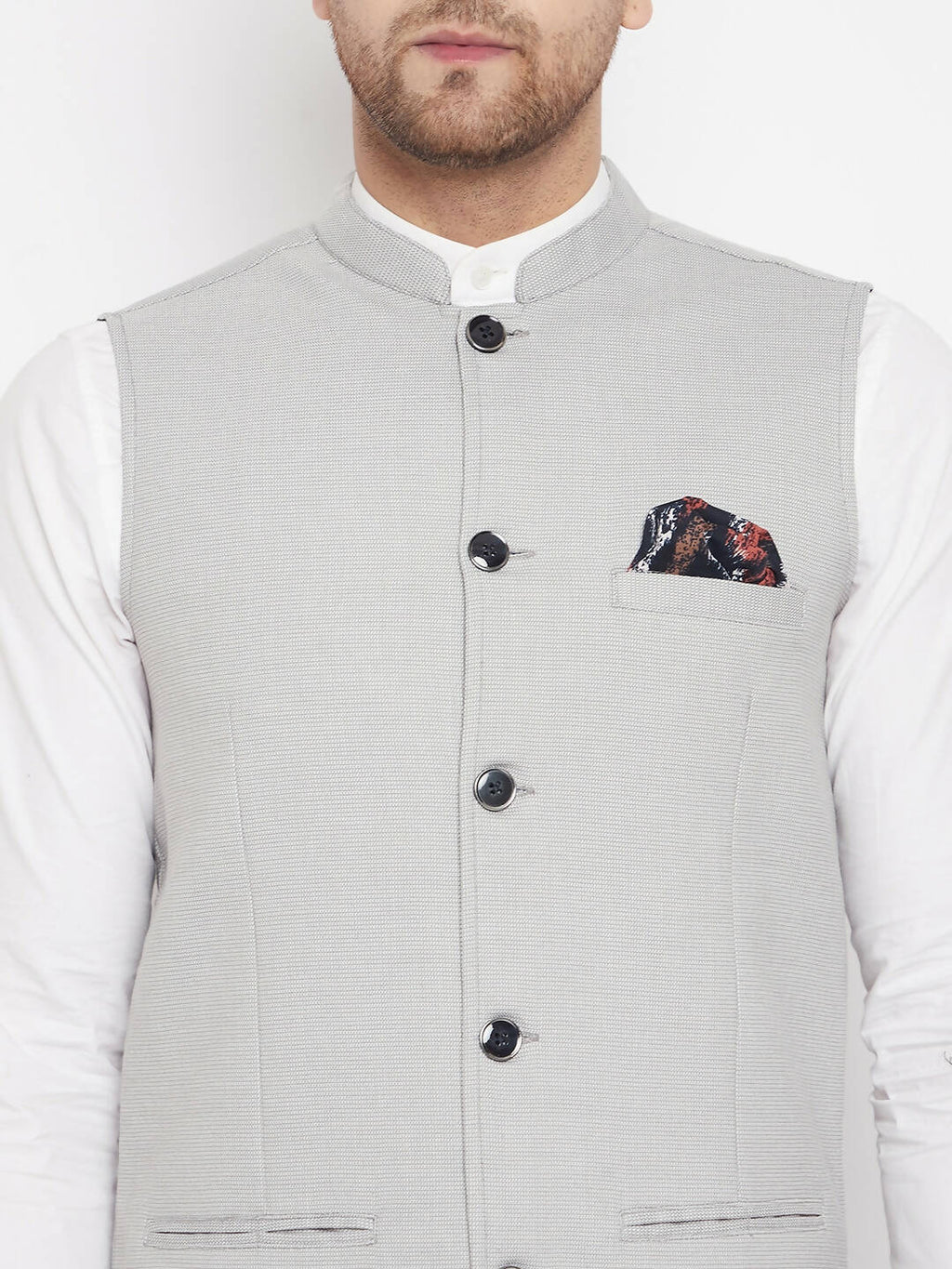 Even Apparels Grey Merino Men's Nehru Jacket-Contrast Lining-Free Pocket Square | Grocsy