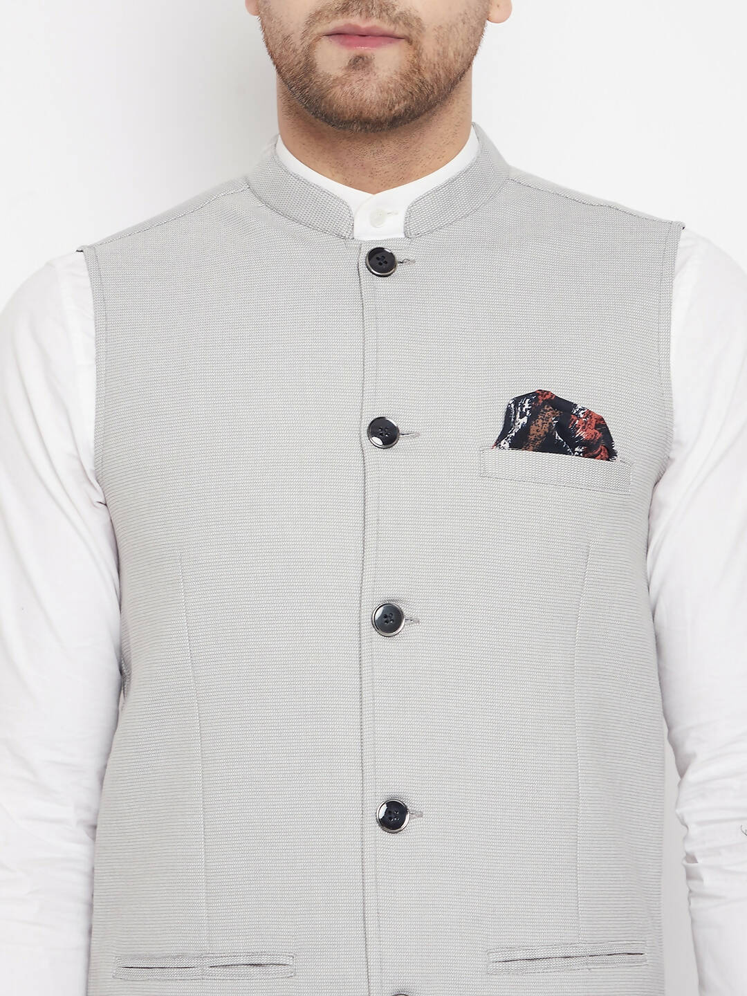 Even Apparels Grey Merino Men's Nehru Jacket-Contrast Lining-Free Pocket Square | Grocsy