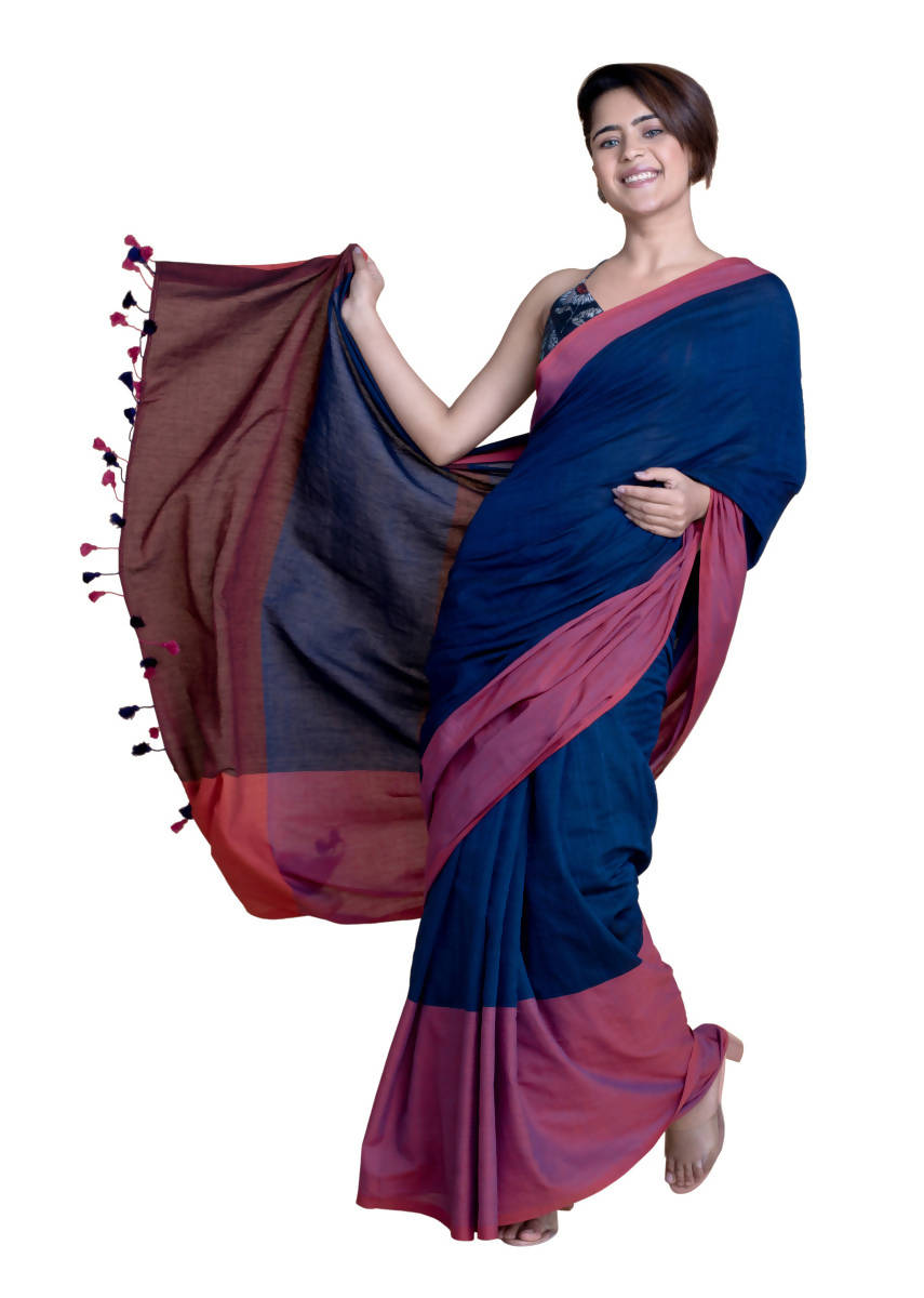 Suta Navy Blue Pink Colourblocked Mul Saree | Grocsy