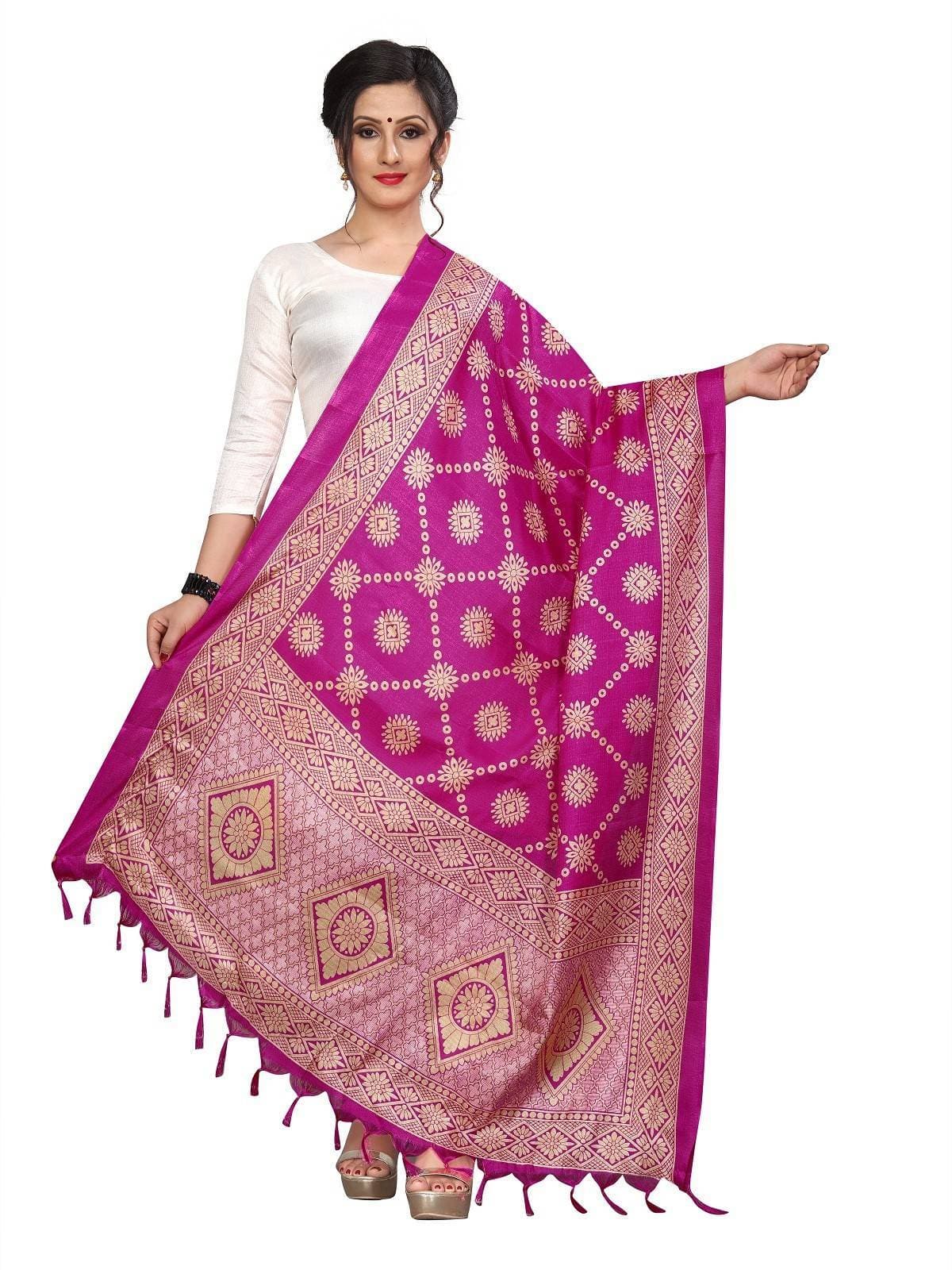 Vamika Fashion Pink Printed Khadi Bhagalpuri Dupatta | Grocsy
