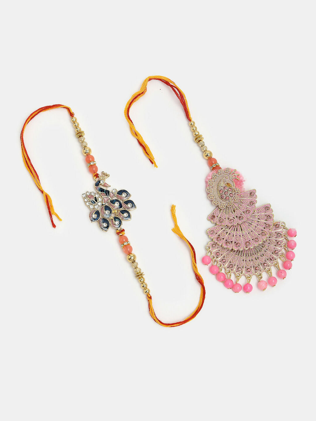 NVR Women & Men Set of 2 Multicolor Peacock Design Stone-Studded & Beaded Bhaiya Bhabhi Rakhi With Roli Chawal | Grocsy