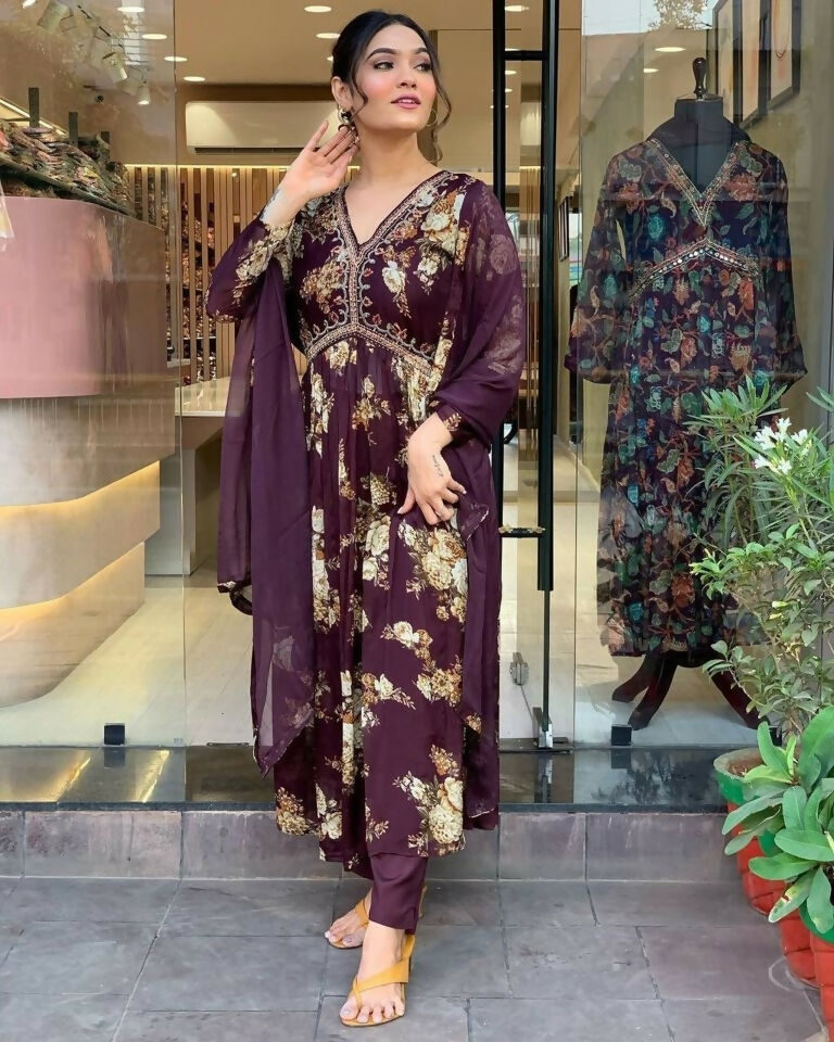 Ethnic Festive Wear Georgette Purple Stitched Suit With Dupatta - Tanisha | Grocsy