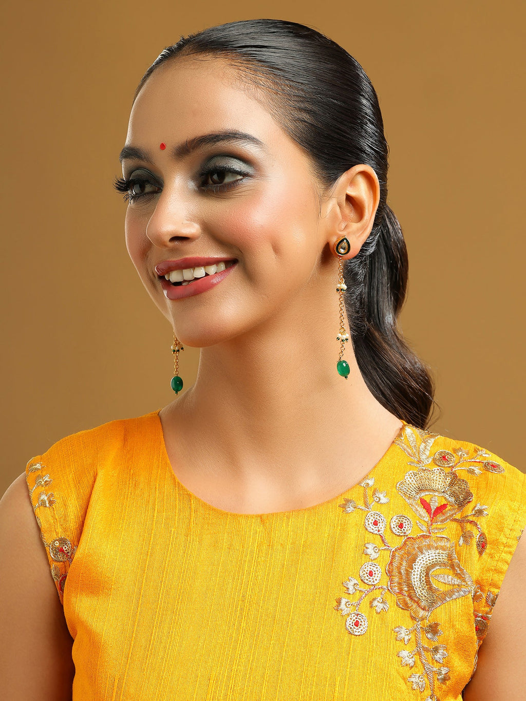Ruby Raang Green Long Kundan Dangler Earrings | Grocsy