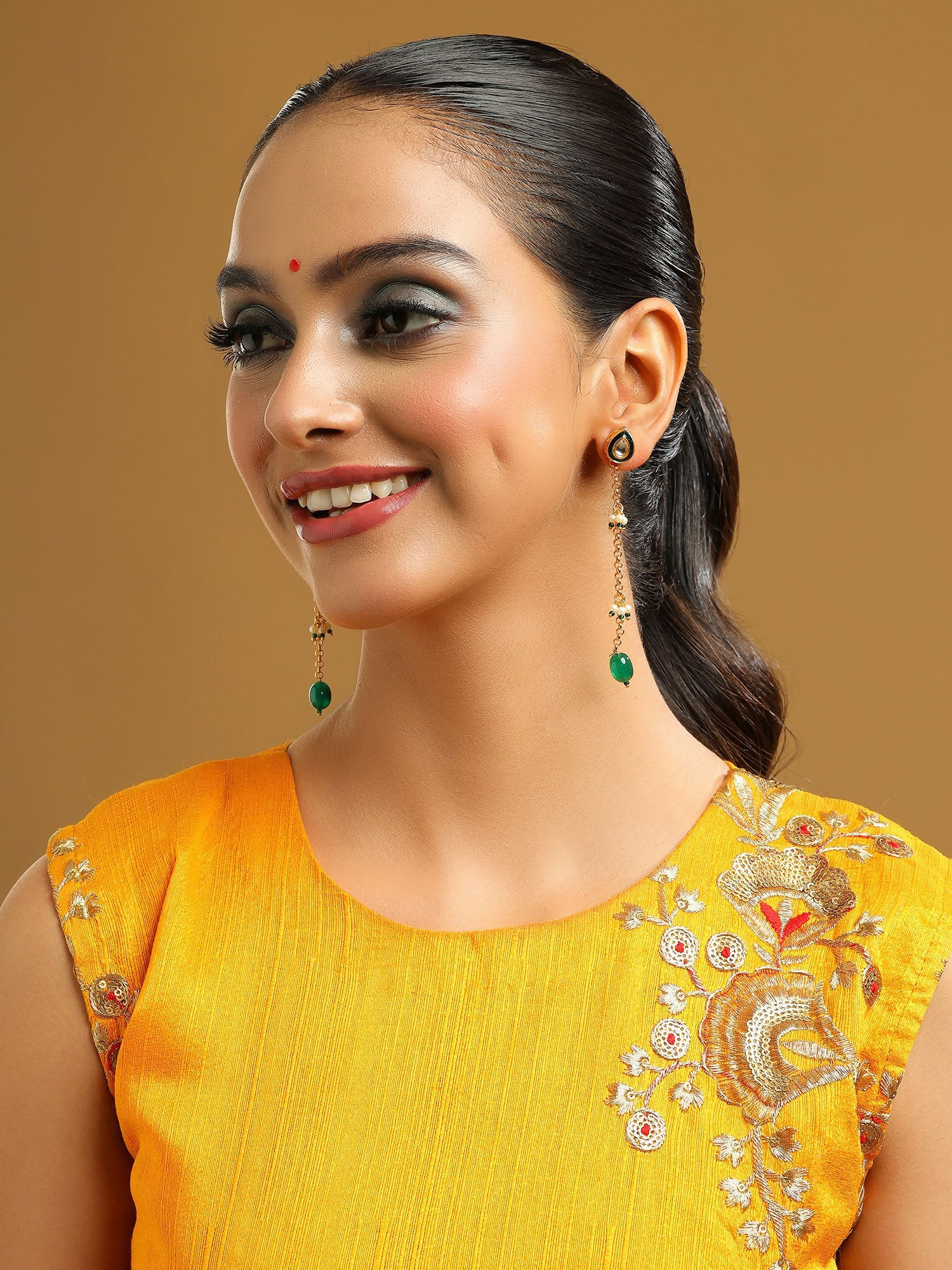 Ruby Raang Green Long Kundan Dangler Earrings | Grocsy