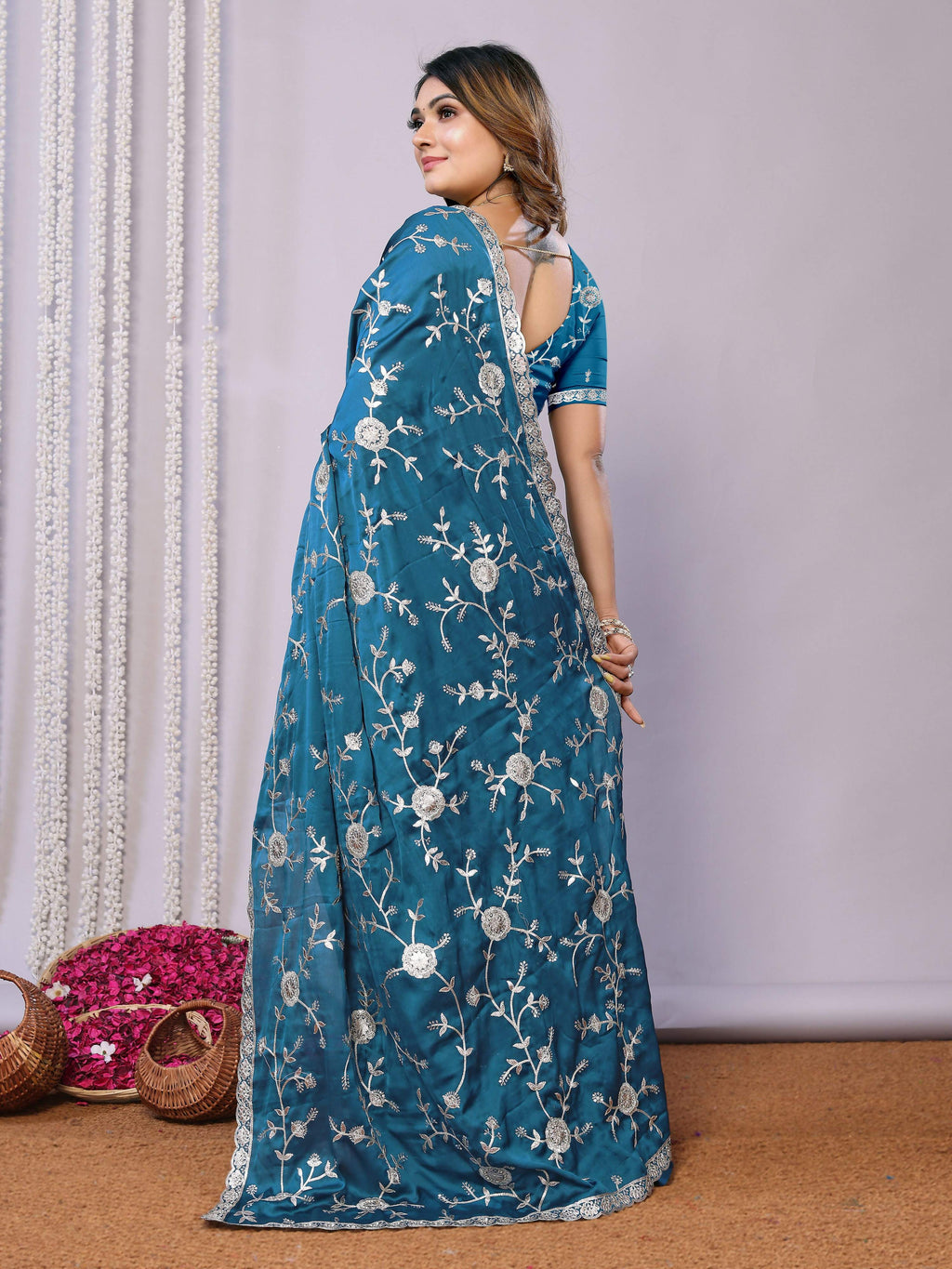 Blue Pure Satin Embroidered Saree With Stitched Blouse - Nimaya Kaksha | Grocsy
