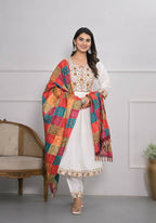 White Viscose Silk Embroidery with Thread and sequence Stitched Suit With Dupatta - Tanisha | Grocsy