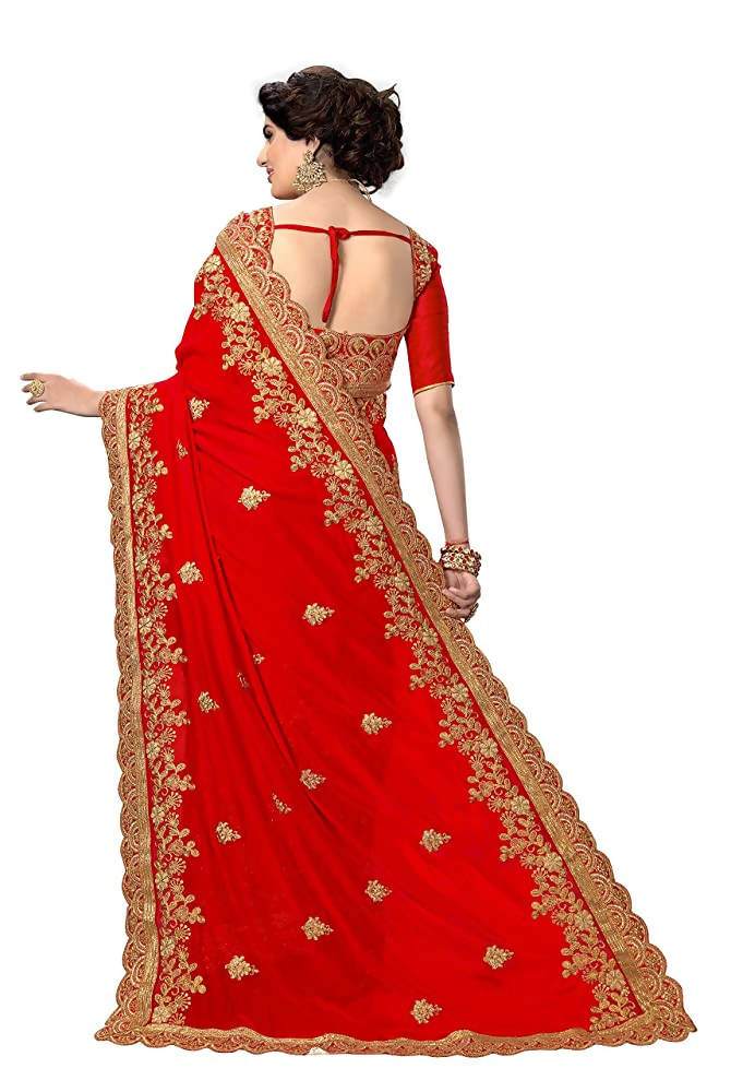 Sarvadarshi Fashion Women's Red Fabric Silk Heavy Work Embroidery Saree With Blouse Piece | Grocsy