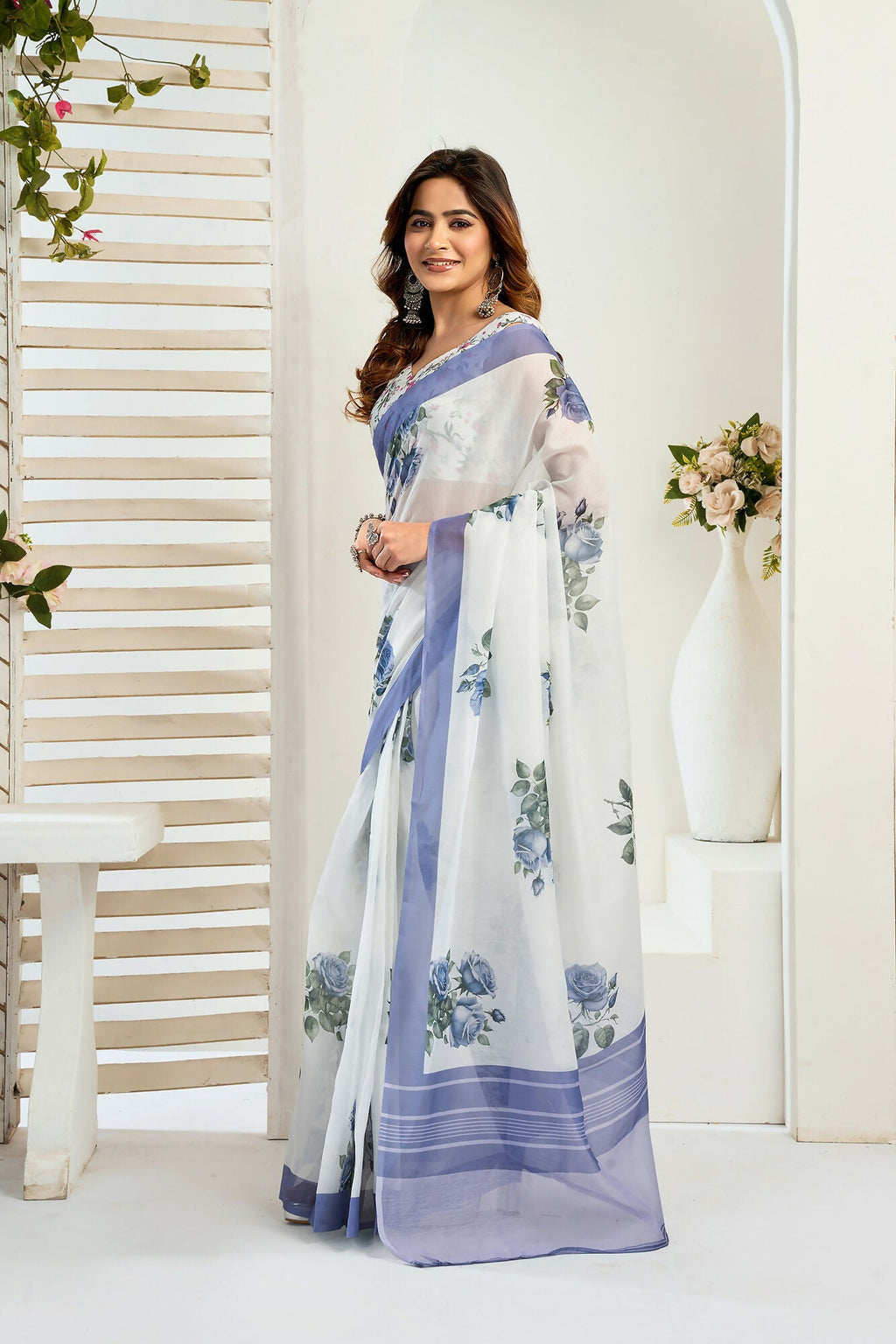 Vastranavya Blue Digital Printed Linen Ready To Wear Designer Saree with Unstitched Blouse | Grocsy