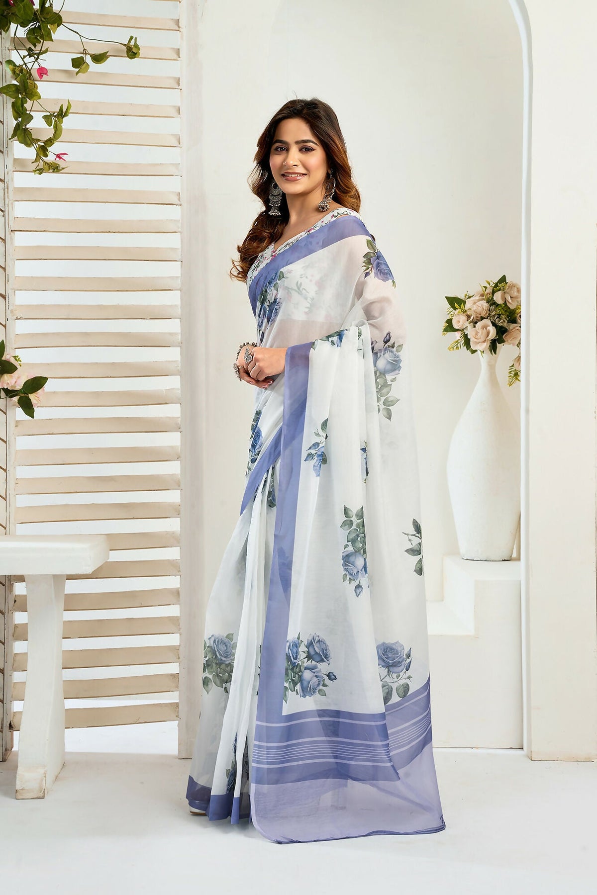 Vastranavya Blue Digital Printed Linen Ready To Wear Designer Saree with Unstitched Blouse | Grocsy