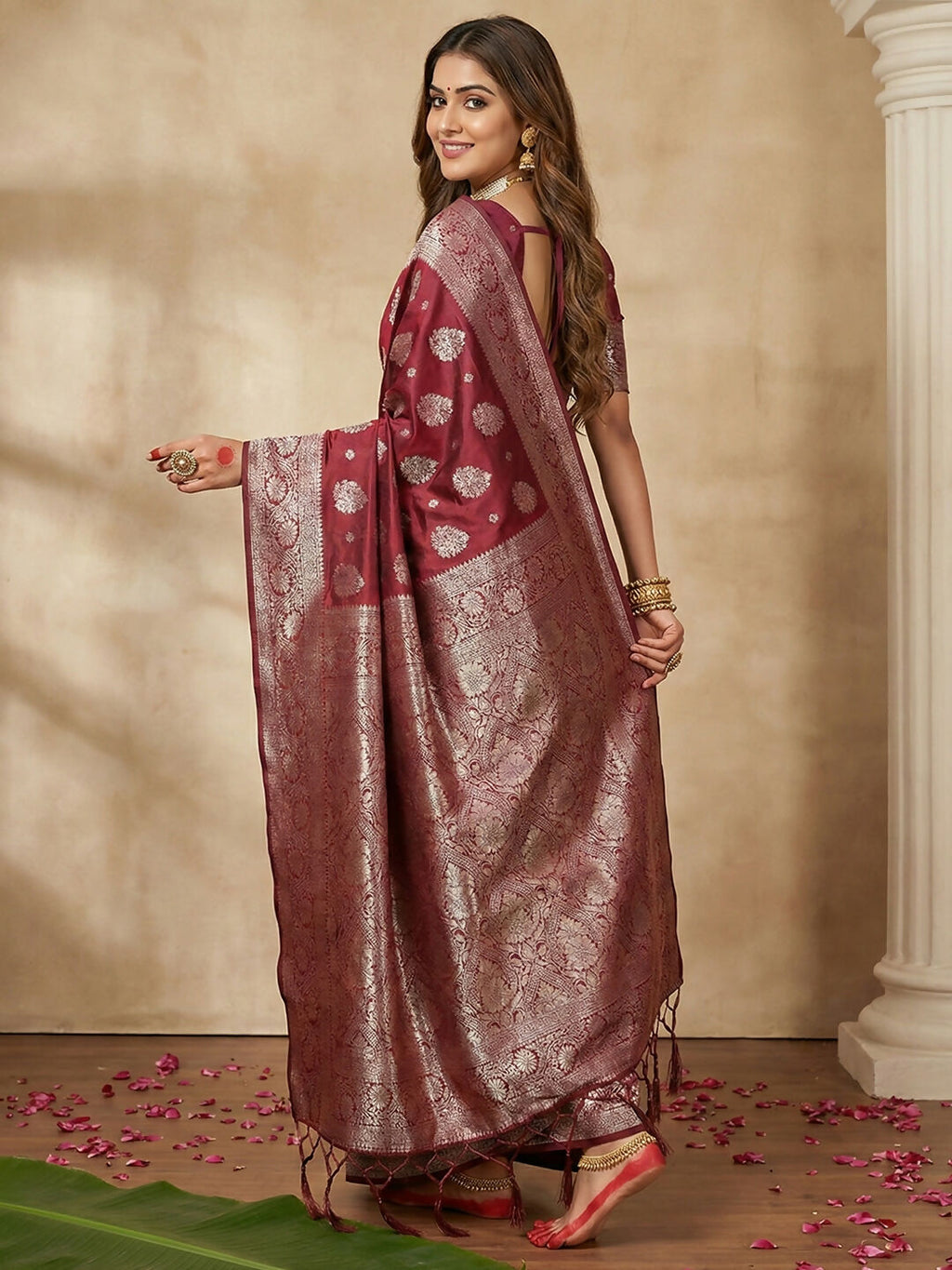 Shree Shyam Fashion Maroon Silk Blend Saree | Grocsy