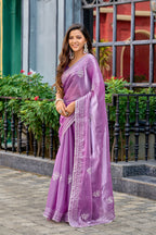 Vastranavya Lavender Embroidery Work Shimmer Chiffon Saree with Unstitched Blouse | Grocsy
