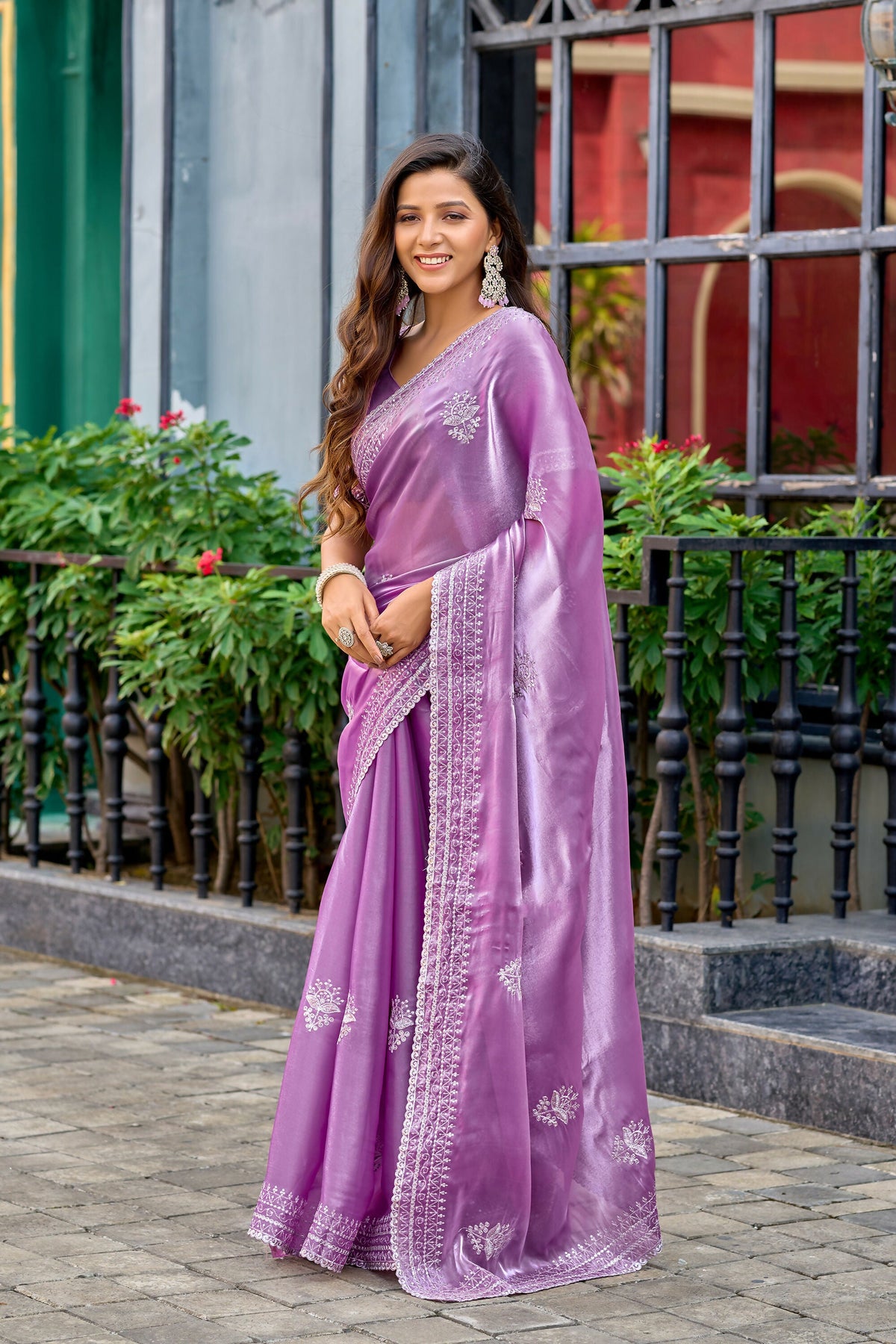 Vastranavya Lavender Embroidery Work Shimmer Chiffon Saree with Unstitched Blouse | Grocsy
