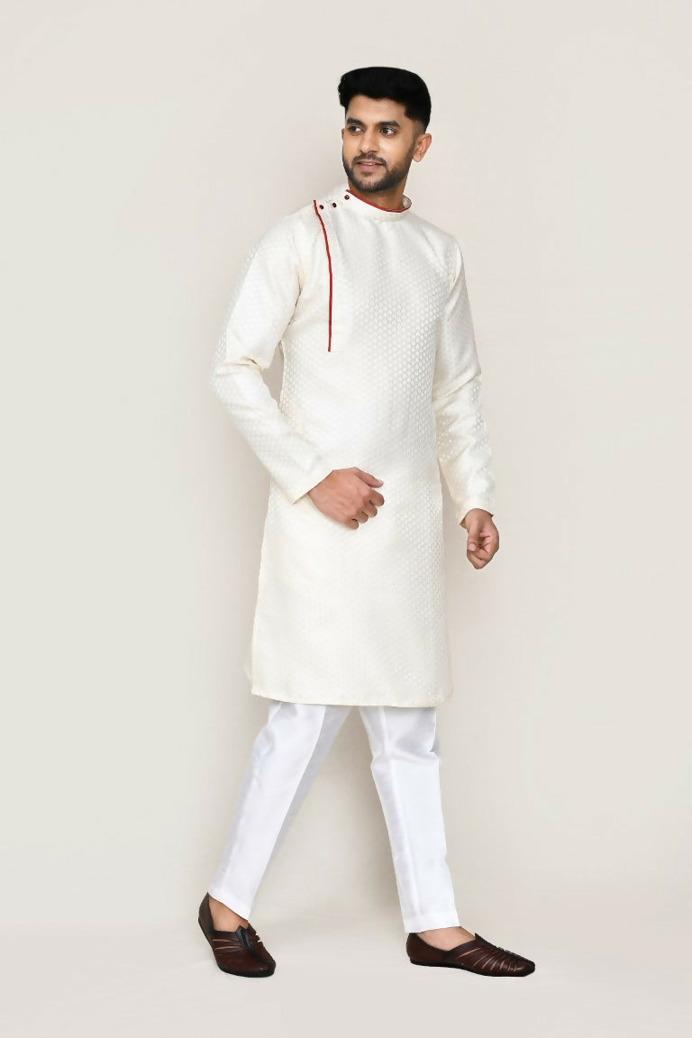 Joban Fashion Cream Colored Jacquard Fabric Kurta With Straight Fit Pant | Grocsy