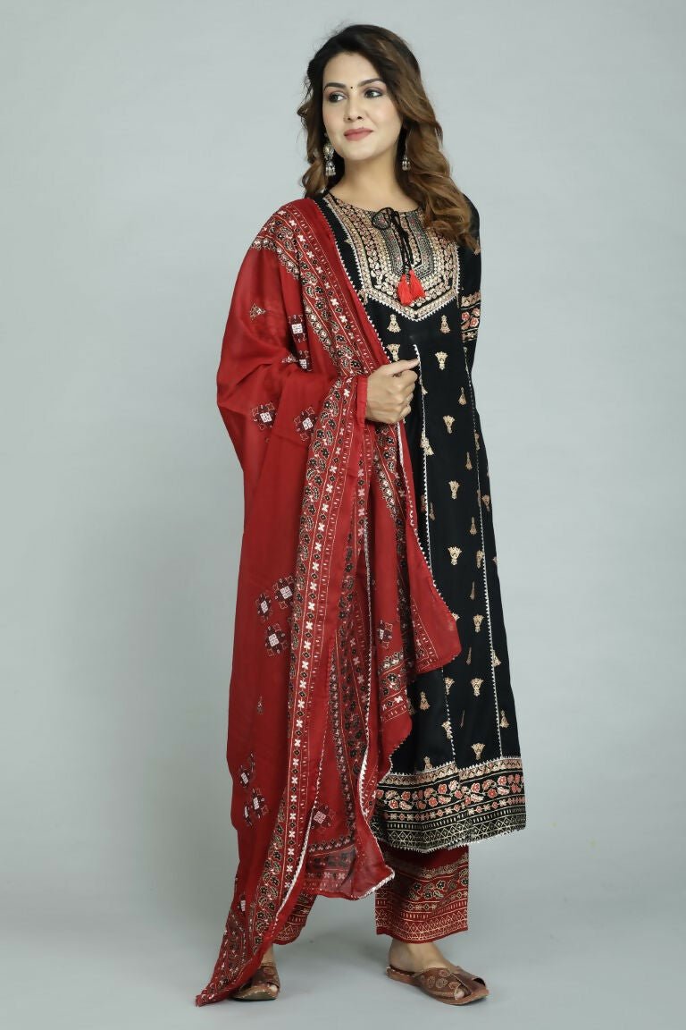 Alvano Alvano Women's Stylish Rayon Anarkali Kurta with Pant and Dupatta Set | Grocsy
