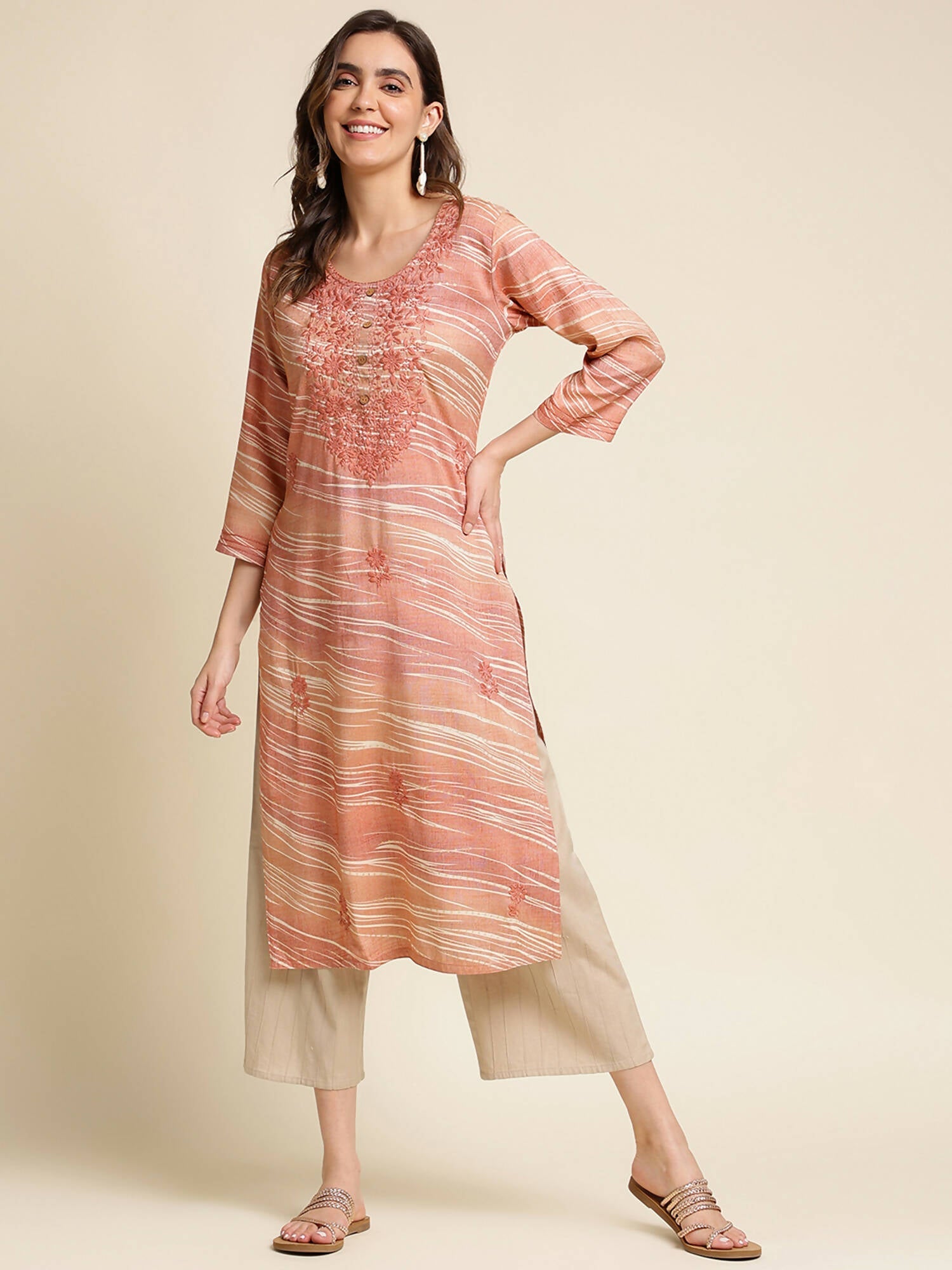 Peach Poly Rayon Stripe Printed Straight Fit Kurta - Prasuti | Grocsy
