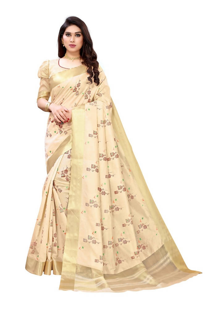 Vamika Cream Color Cotton Polyester Silk Weaving Saree | Grocsy