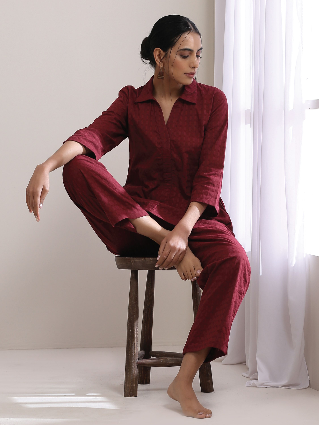 trueBrowns Ruby Wine Dobby Collar Short Co-Ord Set | Grocsy