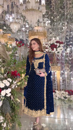 Joban Fashion Blue Velvet Sequence Embroidery Work Kurta Set | Grocsy