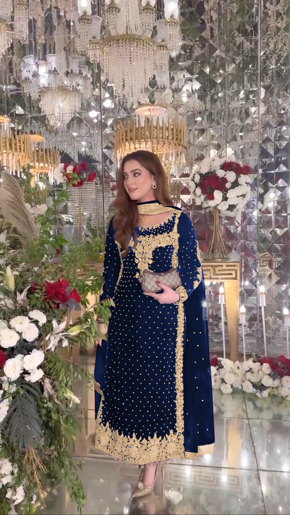 Joban Fashion Blue Velvet Sequence Embroidery Work Kurta Set | Grocsy