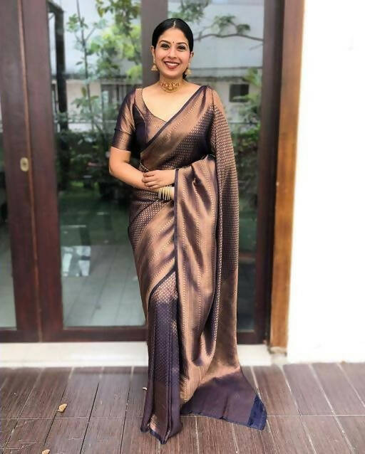 DEIANA'S Beautiful Designer Golden zari Soft Lichi Silk Saree - Navy Blue | Grocsy