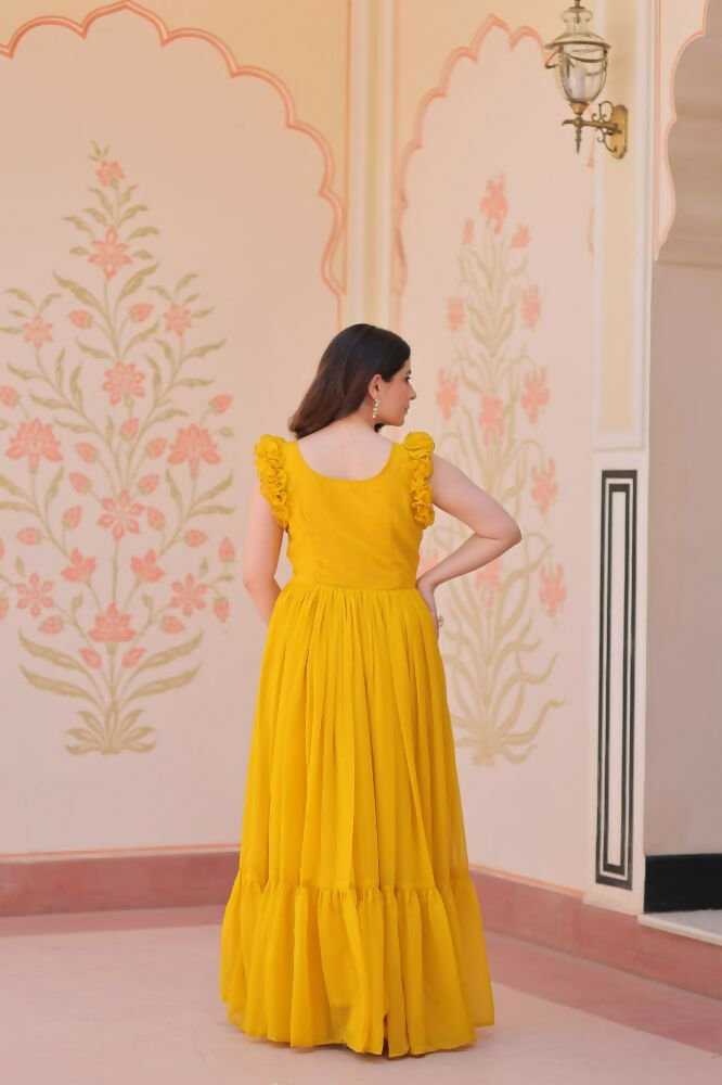 Vastranavya Yellow Faux Blooming With Sequins Multithreaded Beads Embroidered work Gown | Grocsy
