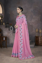 Vastranavya Pink Soft Crush Georgette Thread Embroidery work of Leaf Pattern with Patched Lace Border Saree | Grocsy