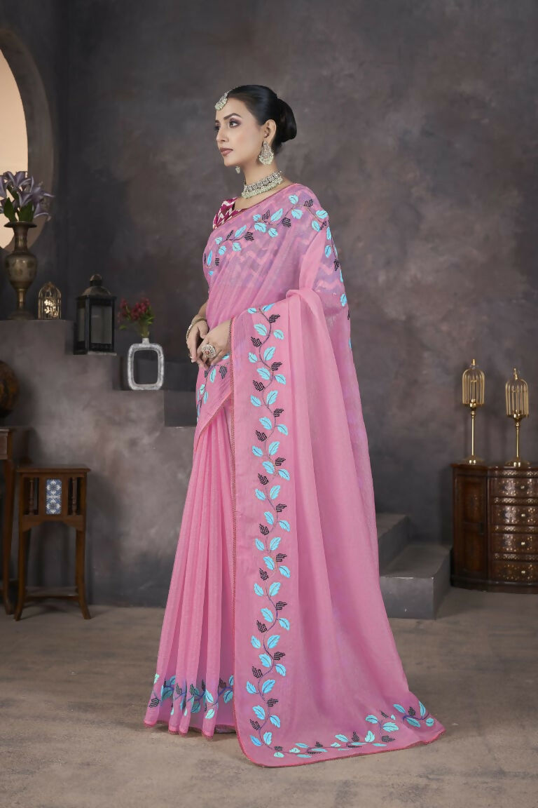 Vastranavya Pink Soft Crush Georgette Thread Embroidery work of Leaf Pattern with Patched Lace Border Saree | Grocsy