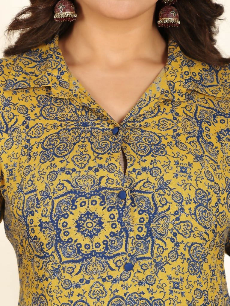 Aramya Yellow Rayon Geometric Print High Low Kurta Pant Set for Women | Grocsy