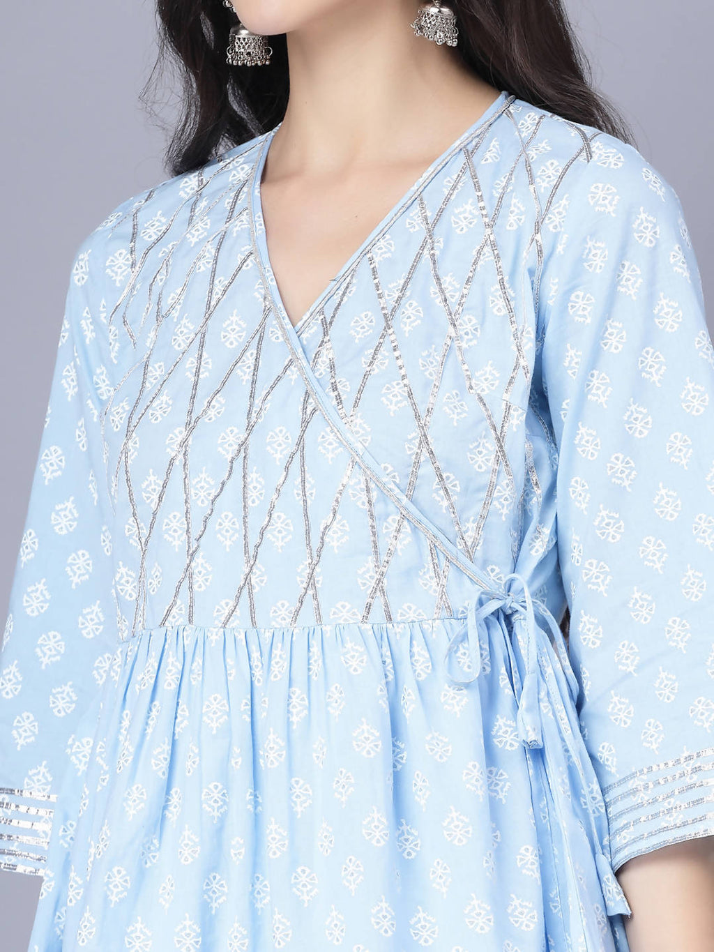 Myshka Cotton Printed 3/4 Sleeve V Neck Turquoise Blue Women Sharara Set | Grocsy