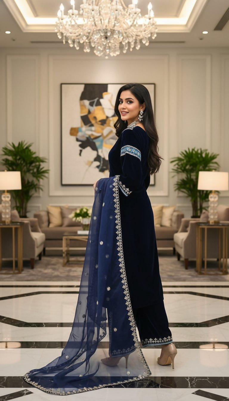 Teeya Creation Blue Color Velvet Designer Embroidery Work party Wear Suit | Grocsy