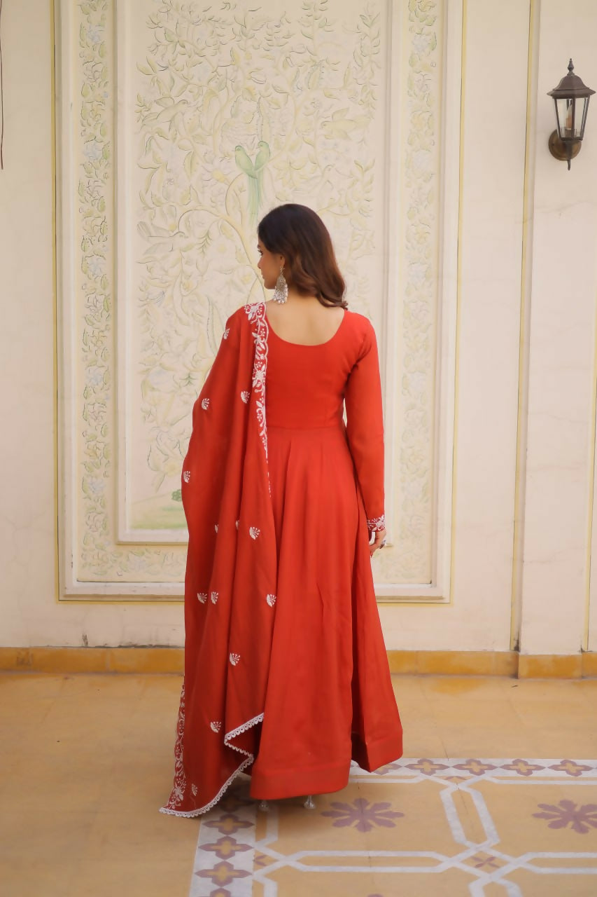 Teeya Creation Womens New Fancy Mul Chanderi With Embroidered Work Gown Set | Grocsy