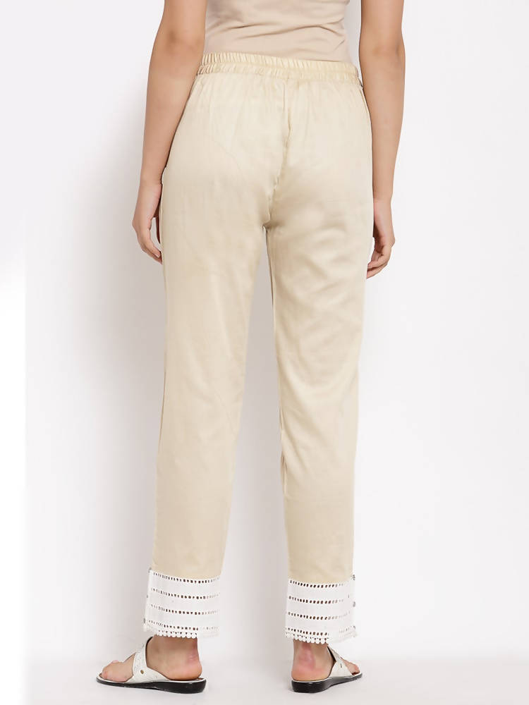 Myshka Beautiful Women's Cream Cotton Solid Casual Trouser | Grocsy