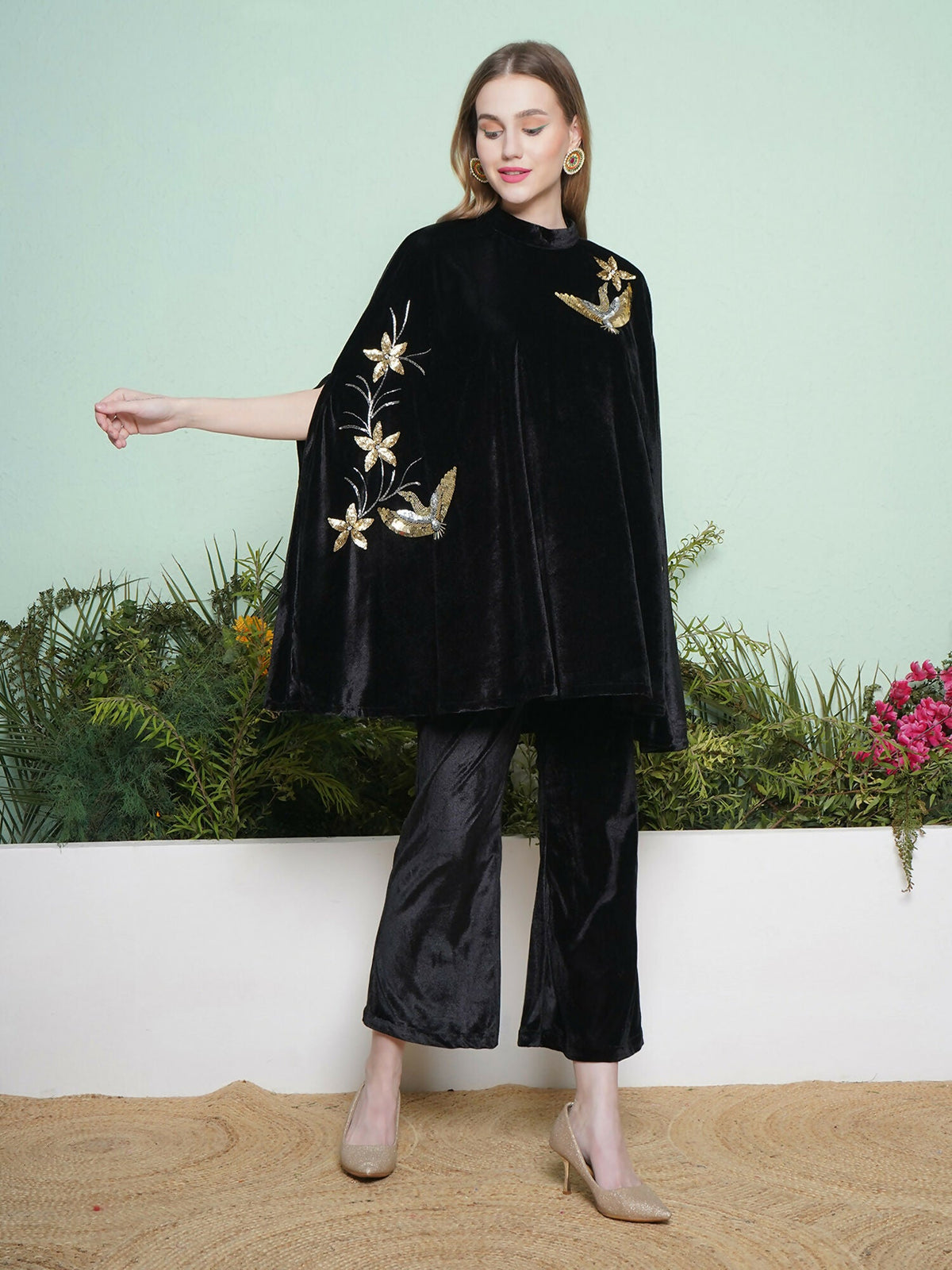 Joban Fashion Black Hand Embellished Cape Style Kurta with Bellbottom Pants | Grocsy
