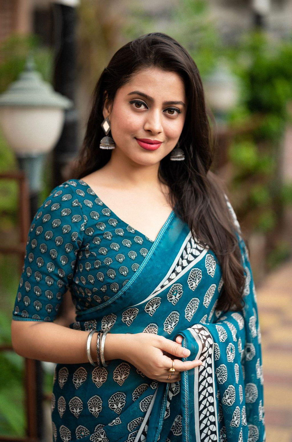 Rama Poly Georgette Ajrak Saree with Unstitched Blouse - A2M | Grocsy