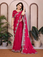 Teeya Creation New Trendy Party Wear Soft Satin Chiffon Saree-Pink | Grocsy