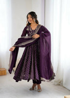 Teeya Creation Violet Color Heavy Crunchy Silk Embroidery Work Gown | Grocsy