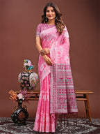 Shree Shyam Fashion Anaya Pink Linen Cotton Saree | Grocsy