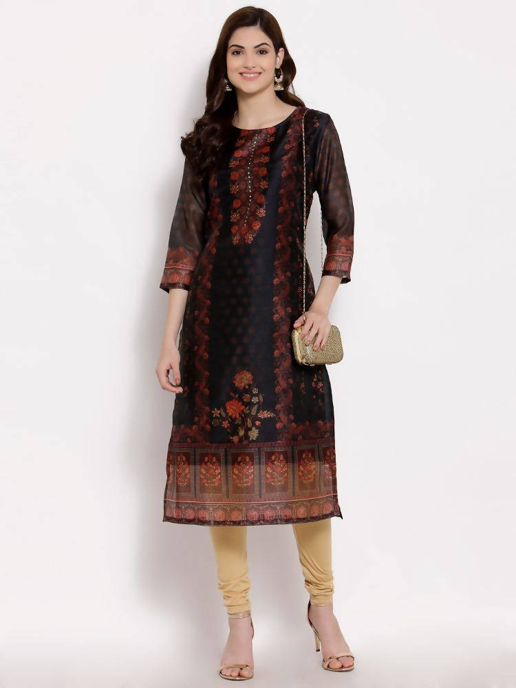 Myshka Women's Multi Chanderi Silk 3/4 Sleeve Round Neck Printed Casual kurta | Grocsy