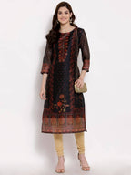 Myshka Women's Multi Chanderi Silk 3/4 Sleeve Round Neck Printed Casual kurta | Grocsy