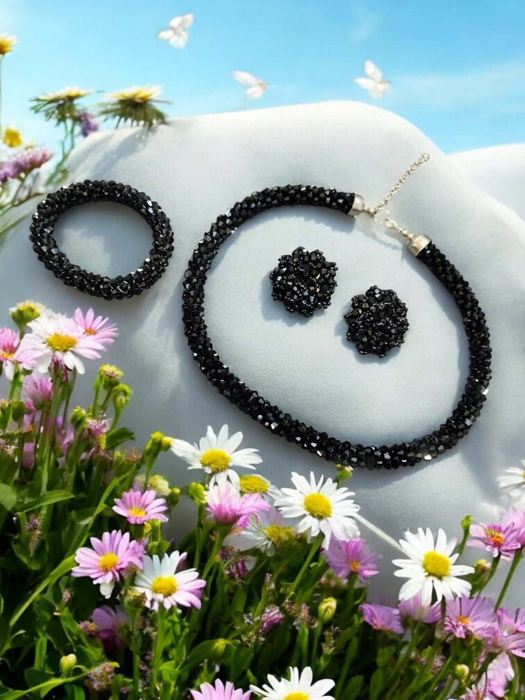 Inhanns Complete Look Crystal Statement 3-Piece Set (Adjustable Necklace + Earrings + Adjustable Bangle ) - Black | Grocsy